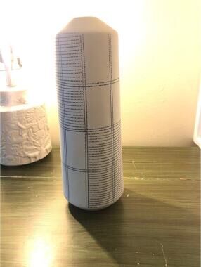 CB2 EUC Tall Light Blue Ceramic Vase with Darker Blue Accent Lines 12"